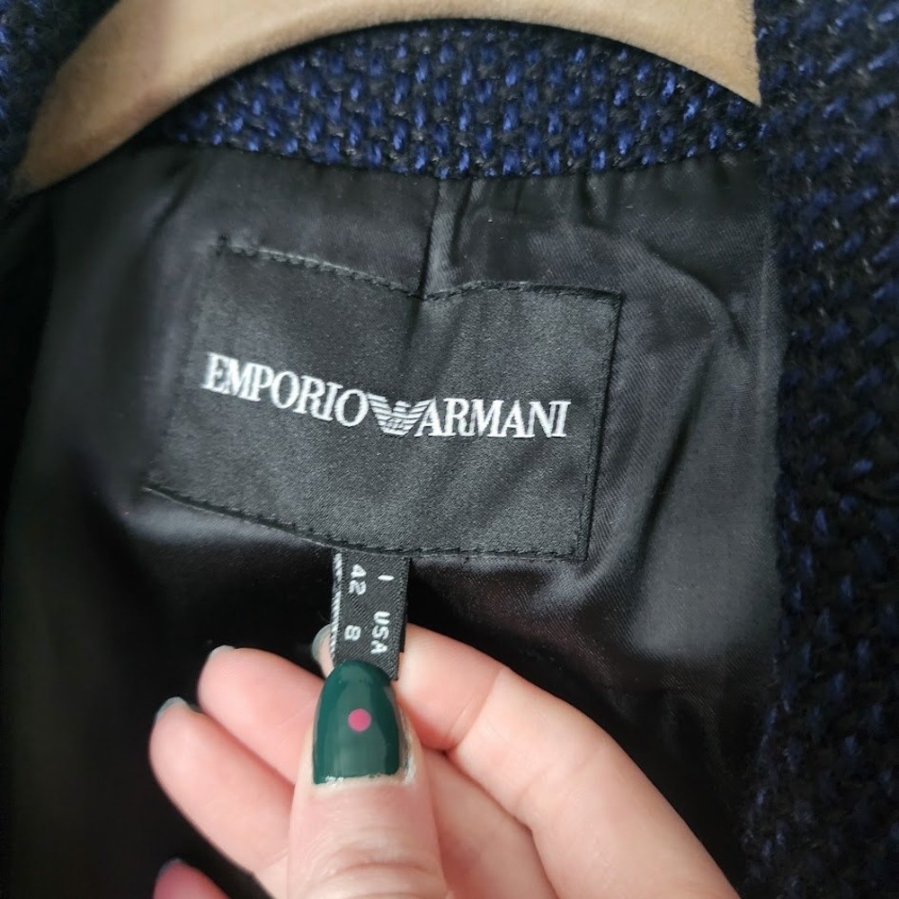 EMPORIO ARMANI Navy Blue Textured Knit Blazer Jacket Asymmetric Pocket Sz 8 - Picture 7 of 7